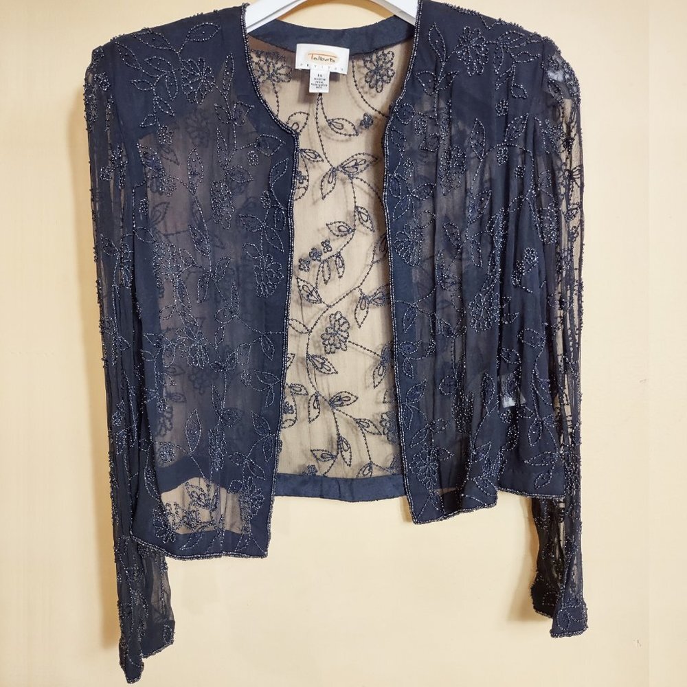 Talbots Petites 100% Silk Black Beaded Top Padded Shoulders Long Sleeve, Size 14